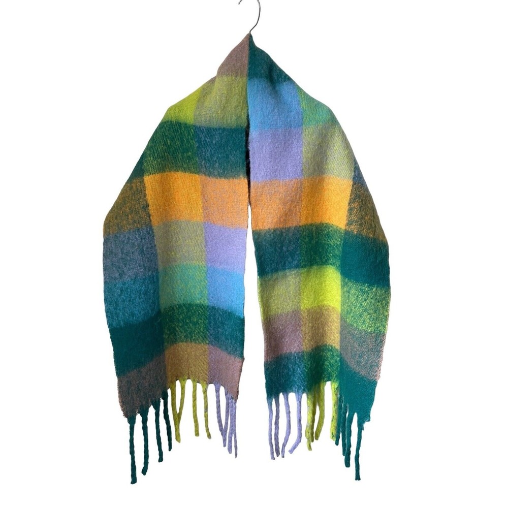 Soft Scarf Multi Color Check Fluffy Winter Scarf Green Blue Yellow Colorblock